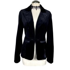 WHMB Black Velvet Women's Blazer Gothic Academia Office Siren Rhinstone Ruffles
